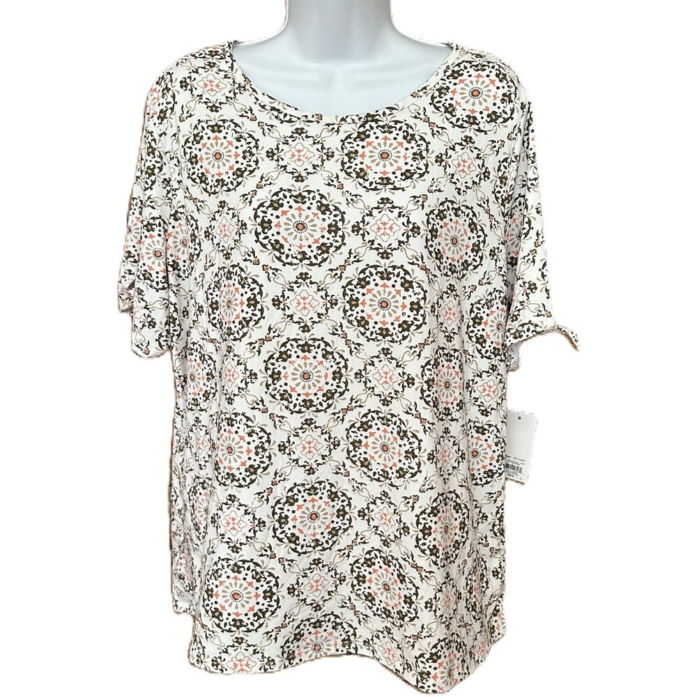 Women's Croft & Barrow Medallion Pattern Short Tie Sleeve Shirt Top Size XL NWT